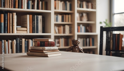 A blurred table bookshelf with various books and decorative items