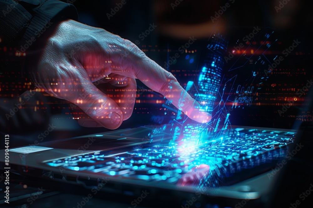 Hand pointing at laptop screen with big data. Hyper-realistic hologram AI concept. Hand pointing at laptop screen with big data. Hyper-realistic hologram AI concept.