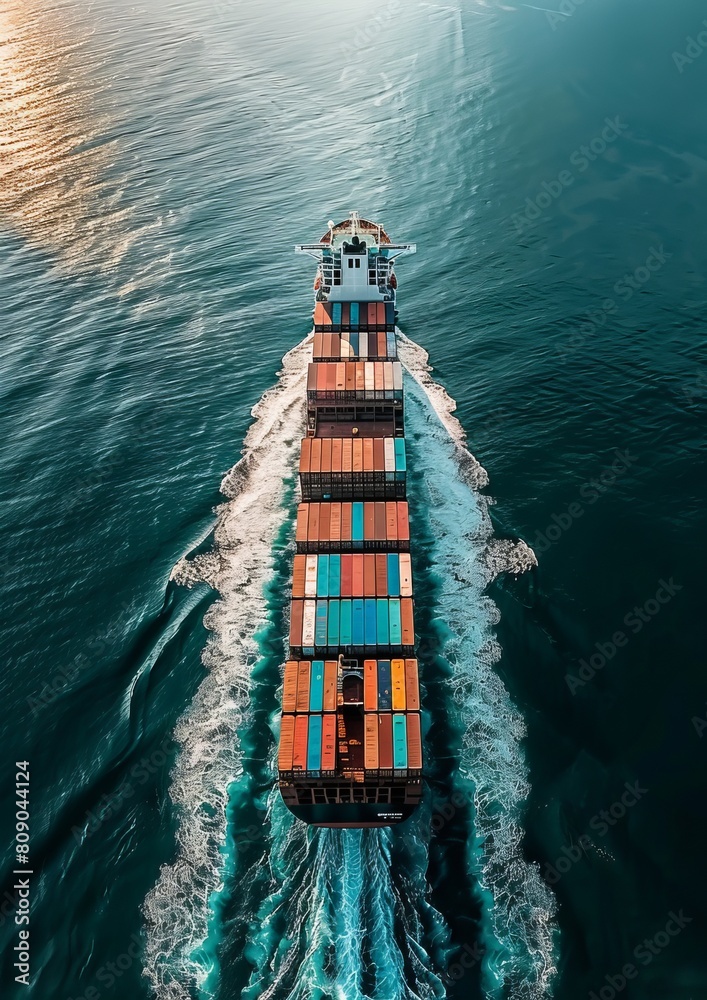 Container ship sailing full speed to transport goods in containers for import export internationally advertising style