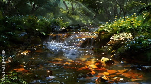 Delve into the soothing sounds of a forest stream  where clear waters babble over smooth stones  their gentle murmur a symphony of relaxation and renewal.