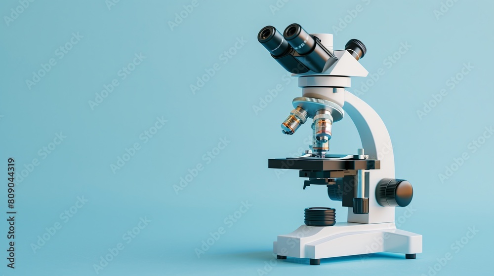 A microscope, set against a pale blue backdrop, offering a tranquil and scientific atmosphere with room for text A microscope, set against a pale blue backdrop, offering a tranquil and scientific atmosphere with room for text