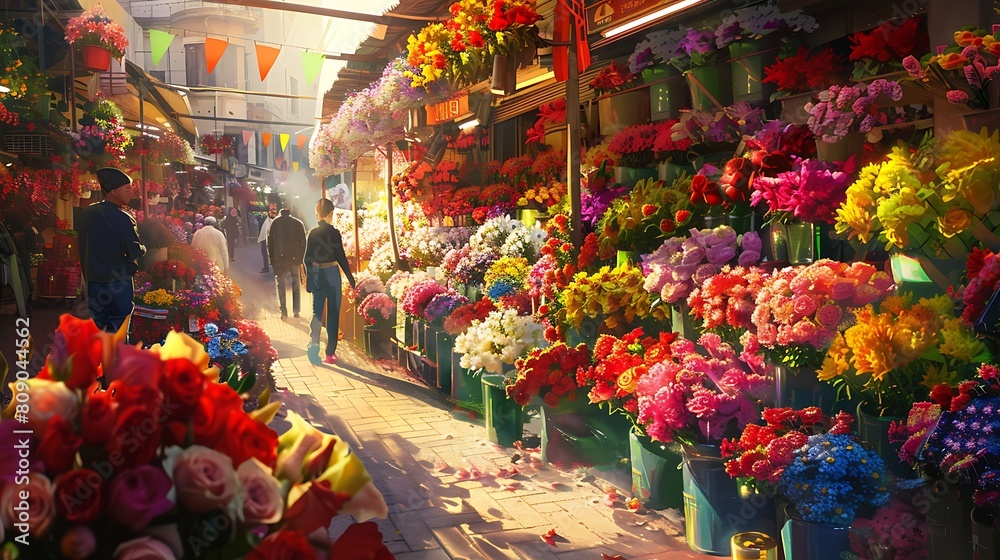 Delve into the vibrant colors of a bustling flower market, where blooms of every shape and size fill the air with their intoxicating fragrance, a riot of color and scent.