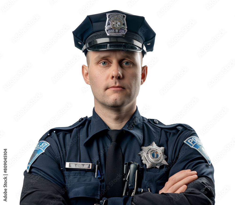 Police officer in uniform standing with arms crossed isolated on transparent background png Police officer in uniform standing with arms crossed isolated on transparent background png