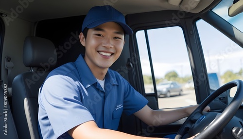 A man with short wearing a uniform and cap, smiling while sitting in the driver's seat of a vehicle
