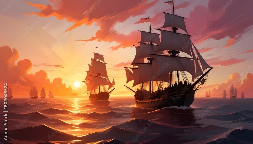 A fleet of tall sailing ships with large billowing sails silhouetted with sunset in the background
