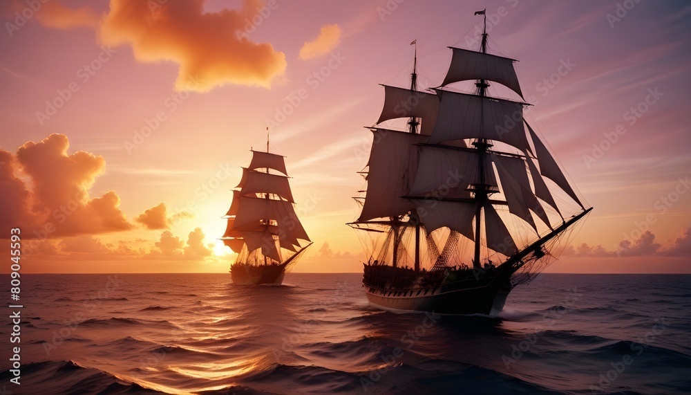 A fleet of tall sailing ships with large billowing sails silhouetted with sunset in the background
