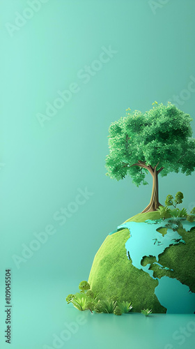 Ecology concept with green tree and earth on green background