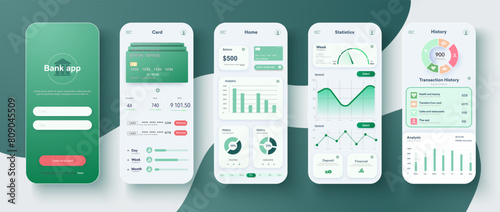 Sophisticated Bank App Interface Design Displayed on Smartphone Screens. Templates for Online Banking: Set showcasing financial management, credit card services, payments, and banking features. Vector photo