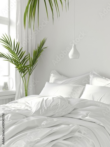 White neat duvet cover mockup style and pillows in a bright bedroom © imlane