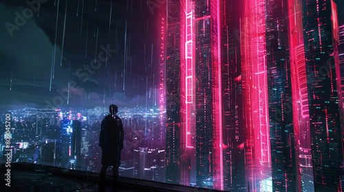 Futuristic cityscape at night with neon lights, depicting a large, mysterious curtain being pulled back to reveal hidden advanced AI technology and data streams.  photo