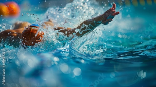 A man is swimming in a pool while holding a ball, engaging in aquatic play and physical activity.