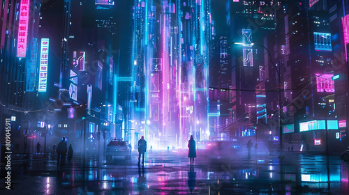 Futuristic cityscape at night with neon lights, depicting a large, mysterious curtain being pulled back to reveal hidden advanced AI technology and data streams.  © Aisyaqilumar