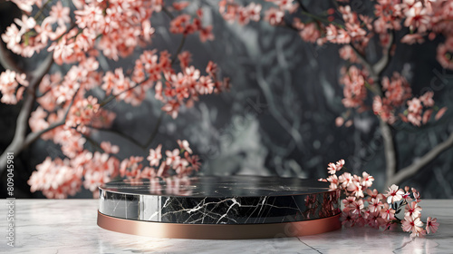 Minimalist 3D Modern Black Marble Podium  front view focus with Rose Gold Accents and Soft Pink Flowers Background  ultra-realistic  perfect for product showcase  sleek pedestal  abstract  stand