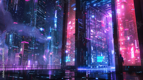 Futuristic cityscape at night with neon lights  depicting a large  mysterious curtain being pulled back to reveal hidden advanced AI technology and data streams. 