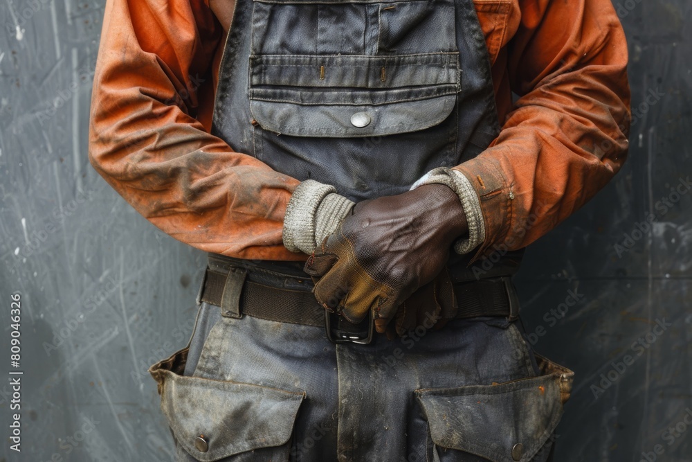 A laborer in rugged work attire stands amidst the shadows of an old factory, exuding a sense of industriousness and determination.