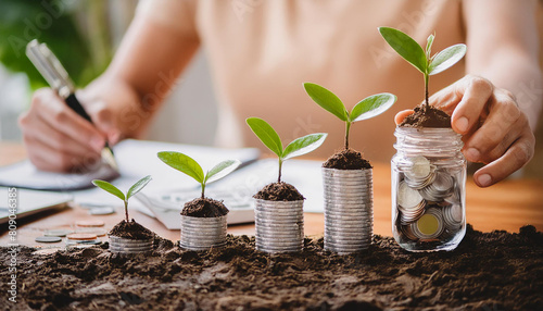 coins with money growing plant concept finance and banking. concept interest rates and dividends ,investment growth percentage and interest on deposits.