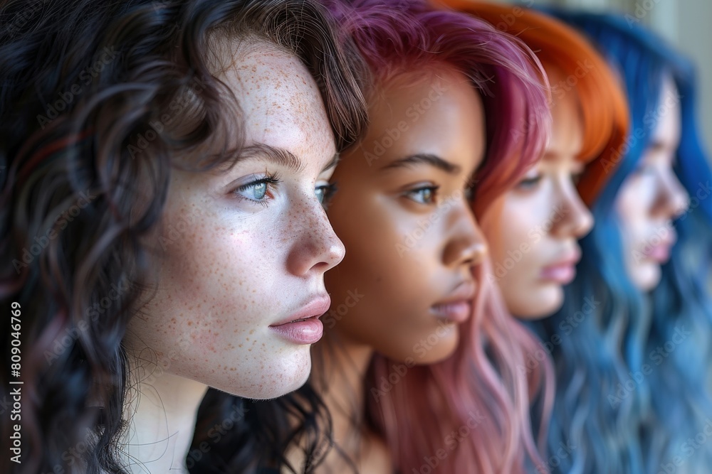 The image captures side profiles of four women showcasing diverse hairstyles and hair colors The image captures side profiles of four women showcasing diverse hairstyles and hair colors