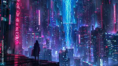 Futuristic cityscape at night with neon lights, depicting a large, mysterious curtain being pulled back to reveal hidden advanced AI technology and data streams. 