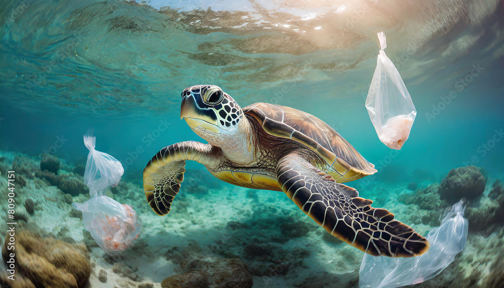 Obraz premium Sea turtle swimming in ocean, Plastic pollution in ocean, Turtles eat plastic bags mistaking them for jellyfish Environmental Problem, World Ocean Day, and World Environment Day concept.