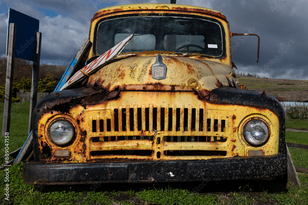 Fototapeta premium Detail view of a rusted, old, decommissioned vintage truck parked in a field of grass.