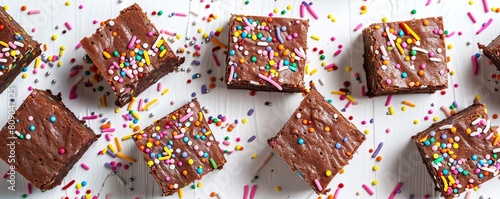 Festive brownies with edible glitter and colorful sugar strands  joyfully scattered on a clean white background