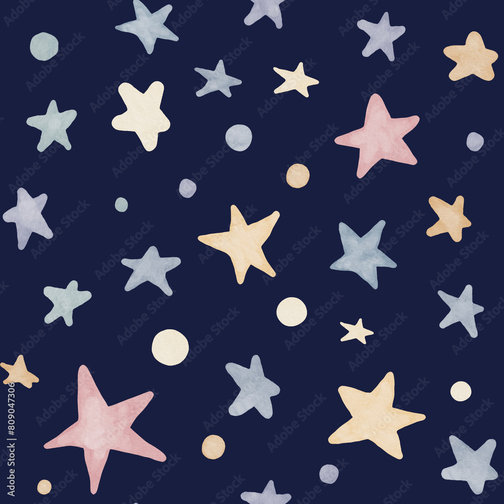 Star seamless Pattern. Watercolor illustration with Space on pastel blue and pink colors for nursery wallpaper or childish textile on dark background. Backdrop with cosmos for Baby design. Star seamless Pattern. Watercolor illustration with Space on pastel blue and pink colors for nursery wallpaper or childish textile on dark background. Backdrop with cosmos for Baby design.