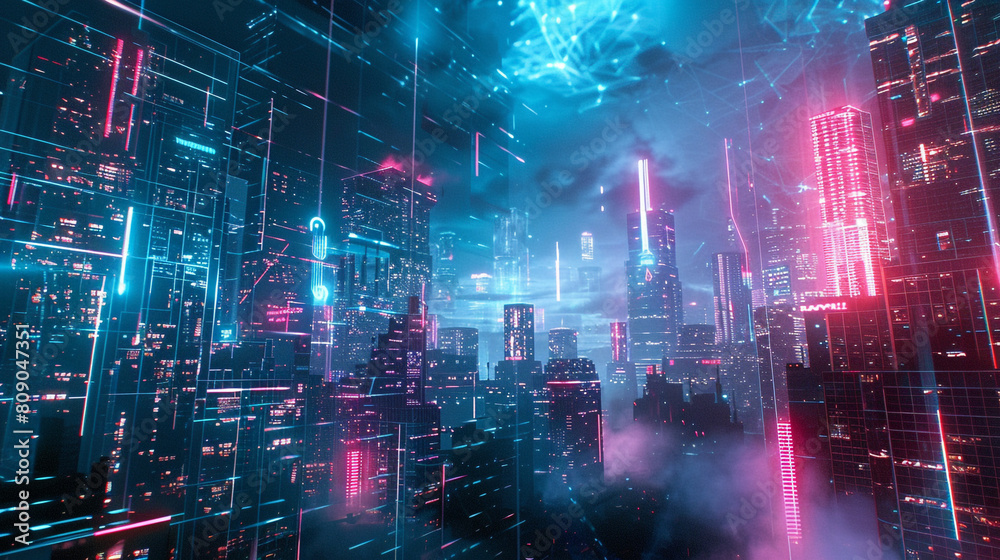 Futuristic cityscape at night with neon lights, depicting a large, mysterious curtain being pulled back to reveal hidden advanced AI technology and data streams. 