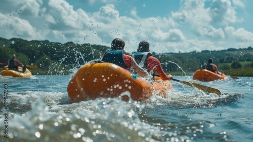 Several individuals enjoy a ride on an orange raft on the water. photo
