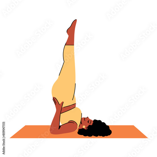 African-American female character in yellow sport outfit working out.   
Flat vector illustration of a plus size woman doing Shoulder Stand, Sarvangasana. Body positive, yoga and strength concept.