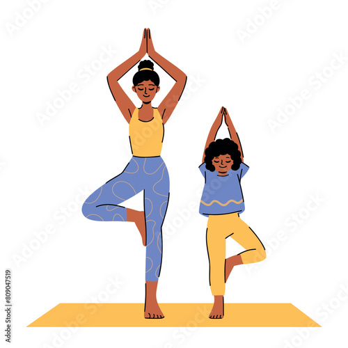 Dark skin young woman and her daughter doing yoga. Flat vector illustration of African-American family spending time together. Home workout, physical exercises, stretching and healthy lifestyle.