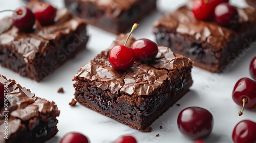 Artistic close-up of fudgy brownies with bright red cherries, perfect contrast on a stark white surface photo