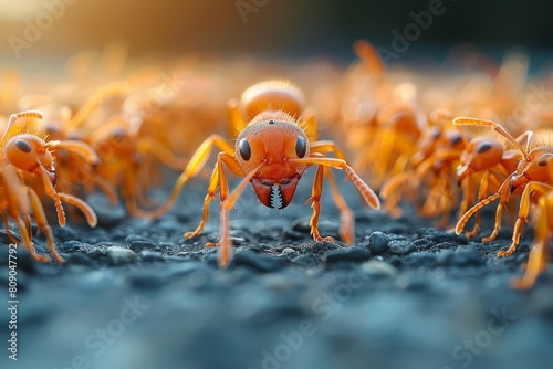A stunning macro shot capturing the intricate details of a red ant's body against a soft-focused background, highlighting its fiery color and form © Larisa AI
