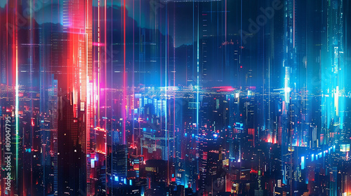 Futuristic cityscape at night with neon lights, depicting a large, mysterious curtain being pulled back to reveal hidden advanced AI technology and data streams. 