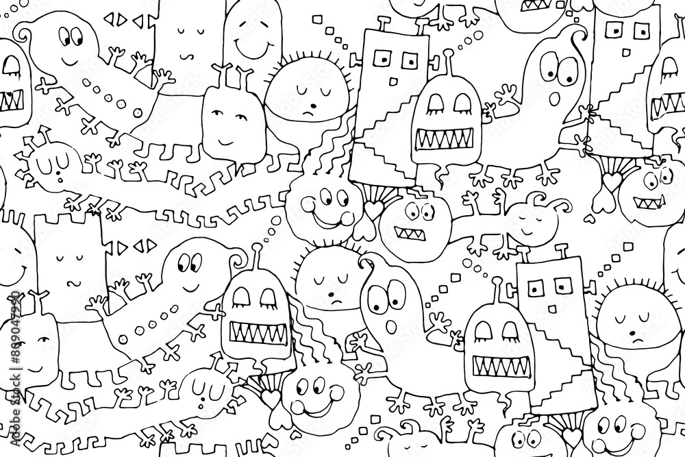 Seamless pattern with a group of funny monsters and aliens. Doodle style hand drawn line sketch vector illustration.