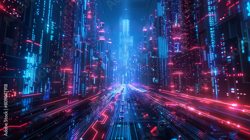 Futuristic cityscape at night with neon lights  depicting a large  mysterious curtain being pulled back to reveal hidden advanced AI technology and data streams. 