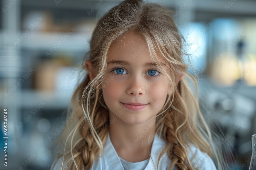Charming young girl sporting pigtail braids and a beaming smile in a bright, indoor setting Charming young girl sporting pigtail braids and a beaming smile in a bright, indoor setting