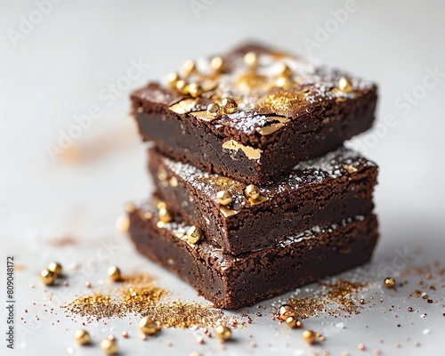 Elegant brownies with a dusting of edible gold and silver, vibrant against the crisp whiteness of the background