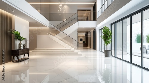 Modern hall with a staircase in a realistic featuring clean lines