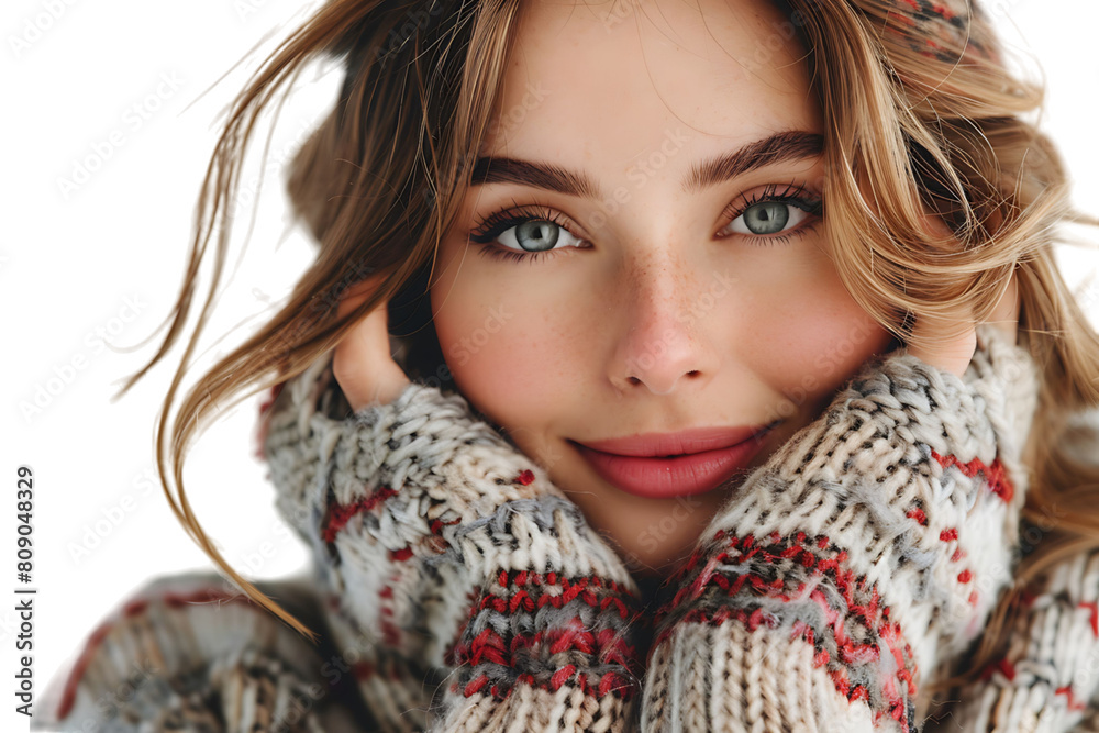 charming young lady wear knitted pullover headwear smiling arm chin on isolated transparent background charming young lady wear knitted pullover headwear smiling arm chin on isolated transparent background