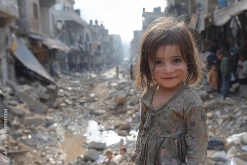 A child's smile provides a stark contrast to the destruction behind, symbolizing hope and resilience