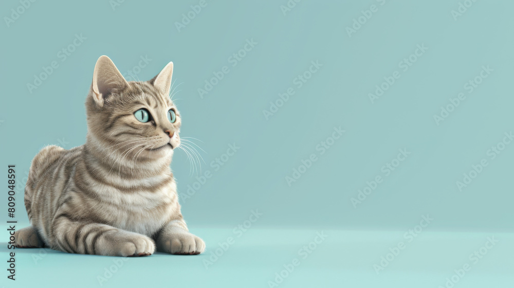 A realistic illustration of a tabby cat with vivid blue eyes sitting ...