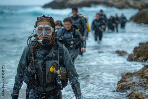 Group of scuba divers equipped with gear about to enter the sea for a dive