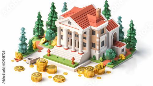 3D Flat Icon: Wealth Advisor Structuring Wealth Transfer Strategies with Estate Planning, Inheritance Laws, and Tax Efficiency for Family Legacies in Isometric Scene