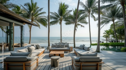 Relaxation area with palm trees swaying in the wind and panoramic views of the ocean stretching to the horizon © AlfaSmart