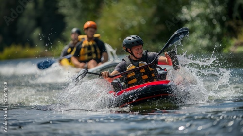 Several people are joyfully riding on top of a boat as it cruises through the water, creating ripples behind it.