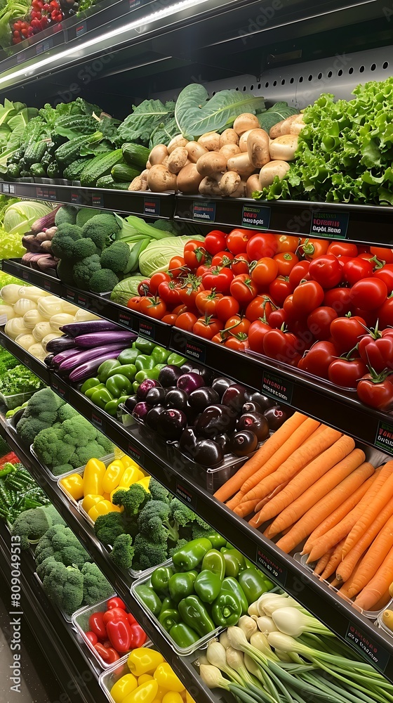 vegetables and healthy foods arranged on market shelves