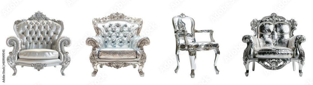 Set of silver chair on a transparent background, in the style of contrasting shadows, realistic figures, anti-gloss, soft realism, contest winner, subtle tonal values, toy-like proportions