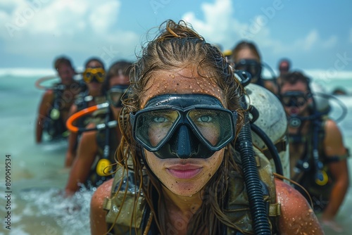 A group of scuba divers with gear on swim in tropical waters with their faces obscured © Larisa AI
