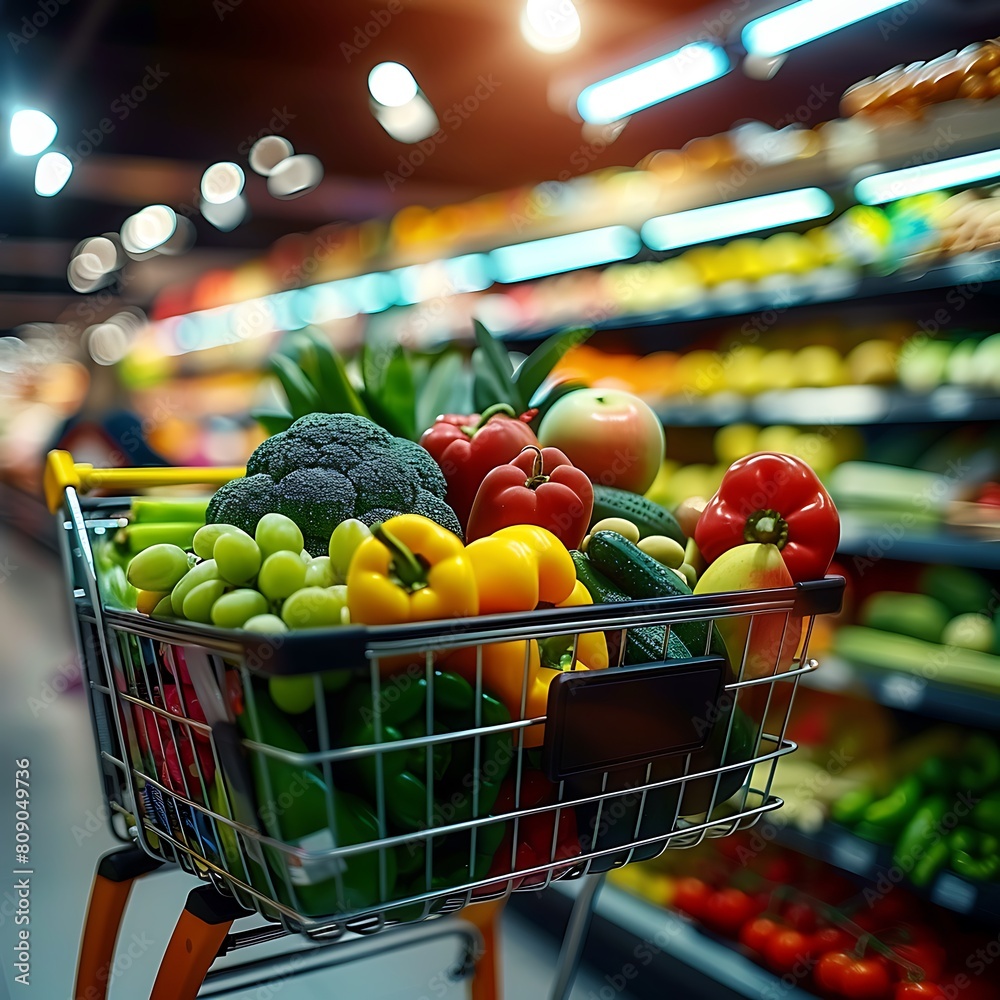 market shopping cart with vegetables and healthy foods