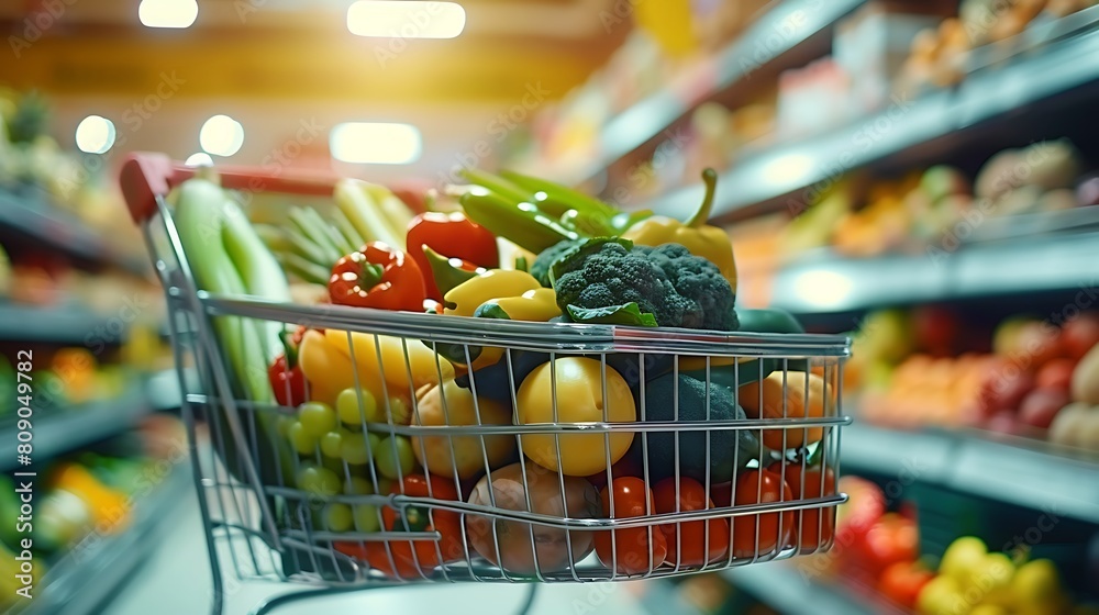 market shopping cart with vegetables and healthy foods